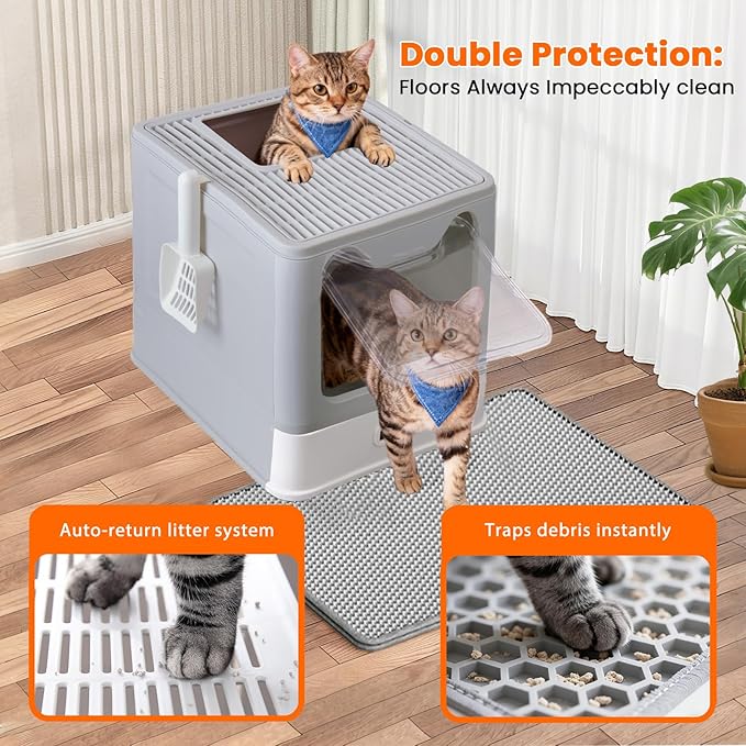 Stainless Steel Cat Litter Box with Lid, Top Entry Covered Box, Deeper Pan | Metal Litter Box with Lid & Pull-Out Drawer for Big Cats, Leak-Proof Baffles, with charcoal filters and Mat & Scoop