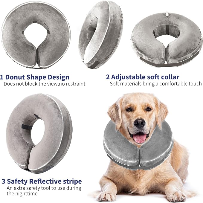 Inflatable Reflective Dog Cone Collar Alternative After Surgery,Doggie Recovery Dount Neck Ecollar,Adjustable Soft Dog Cone Collar for Small Medium Large Dogs (Grey, S)