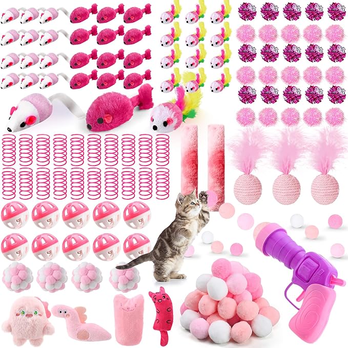 170 Pcs Cat Toy Pack for Indoor Cats Interactive Kitten Toys Including Cat Spring Plush Ball Launcher Catnip Mice Bell Balls Elastic Wool Balls for Indoor Cats Variety Pack