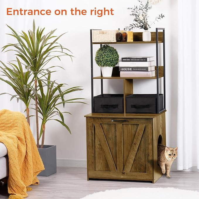 Dwanton Litter Box Enclosure with 2 Storage Shelves and 2 Drawers, 2-in-1 Hidden Cat Litter Box Enclosure Furniture with Shelf, Reversible Entrance, Washable Drawers, 50-Inch, Warm Brown