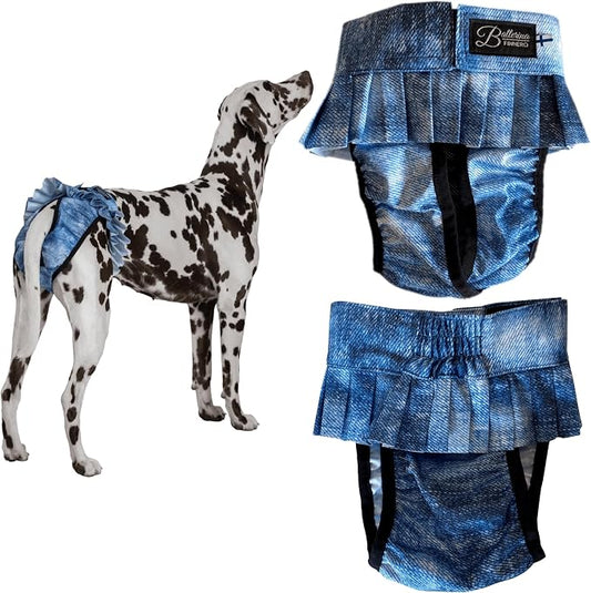 FINNERO Ballerina Dog Diaper – Washable, Reusable, Leak-Proof – Heat, Period & Urine Incontinence Protection – Comfortable, and Stylish Design – Adjustable Fit for Female Dogs – XS, Denim