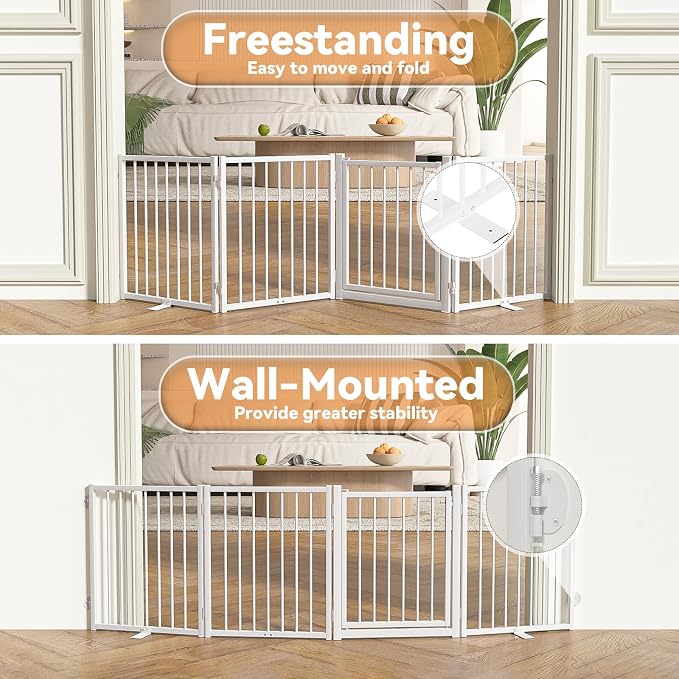 SNUOWU Full Metal Freestanding Dog Gate with Door, 24'' Height Foldable Pet Dog Fence for Indoor & Outdoor, 4 Panels Extra Wide Free Standing SmallDog Gates for Doorways,House,Stairs,Porch,Deck,Yard