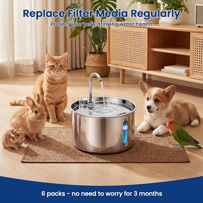 Cat Water Fountain Filter, 6 Pack Replacement Filters & 6 Pack Sponges for 74oz/2.2L & 135oz/4L Stainless Steel Cat Fountain, Pet Water Dispenser Filter