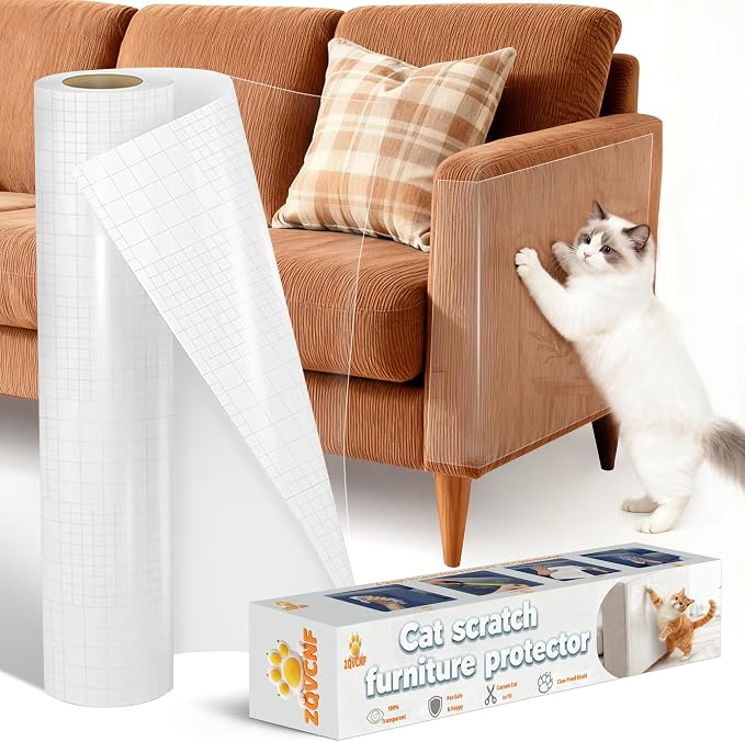 Extra Thick Clear Anti Cat Scratch Furniture Protector 17" x 197"：ZQVCNF Self-Adhesive Couch & Door Tape from Cat Claws - Covers Walls, Bed Corners | Stops Cat & Dog Scratching Damage