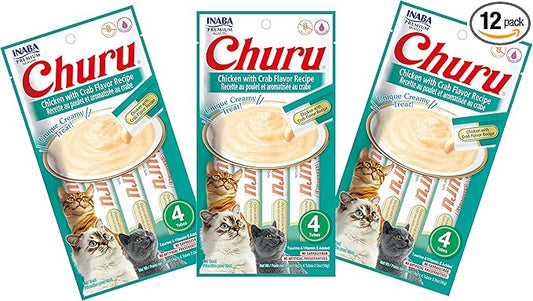 INABA Churu Cat Treats, Grain-Free, Lickable, Squeezable Creamy Purée Cat Treat/Topper with Vitamin E & Taurine, 0.5 Ounces Each Tube, 12 Tubes (4 per Pack), Chicken with Crab Recipe