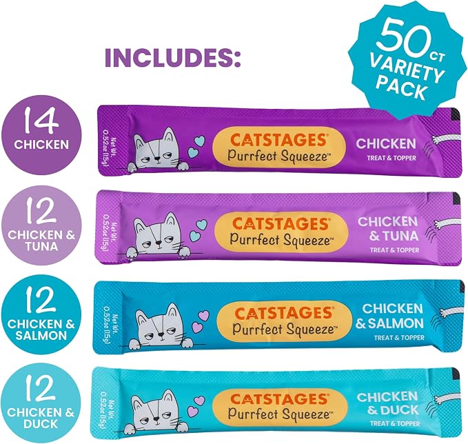 Catstages Purrfect Squeeze Lickable Wet Cat Treats, Creamy Purée Treat & Topper, Made with Real Chicken, Clean Ingredients, No Artificial Preservatives, 0.5 oz Tubes, 50-Count, 4-Flavor Variety Pack