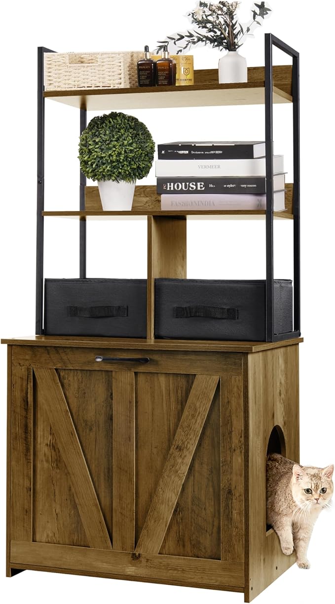 Dwanton Litter Box Enclosure with 2 Storage Shelves and 2 Drawers, 2-in-1 Hidden Cat Litter Box Enclosure Furniture with Shelf, Reversible Entrance, Washable Drawers, 50-Inch, Warm Brown