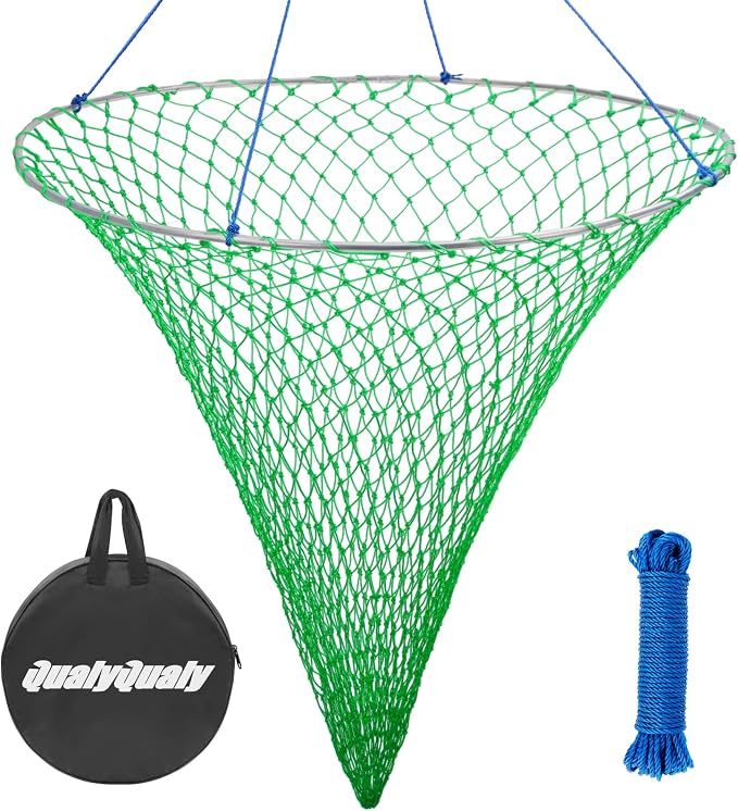 QualyQualy Large Bridge and Pier Fishing Net 32''/39'' Hoop, Foldable Drop Net Pier Fishing for Saltwater with Rope, Landing Net with Nylon Mesh, Collapsible Soft Steel Ring