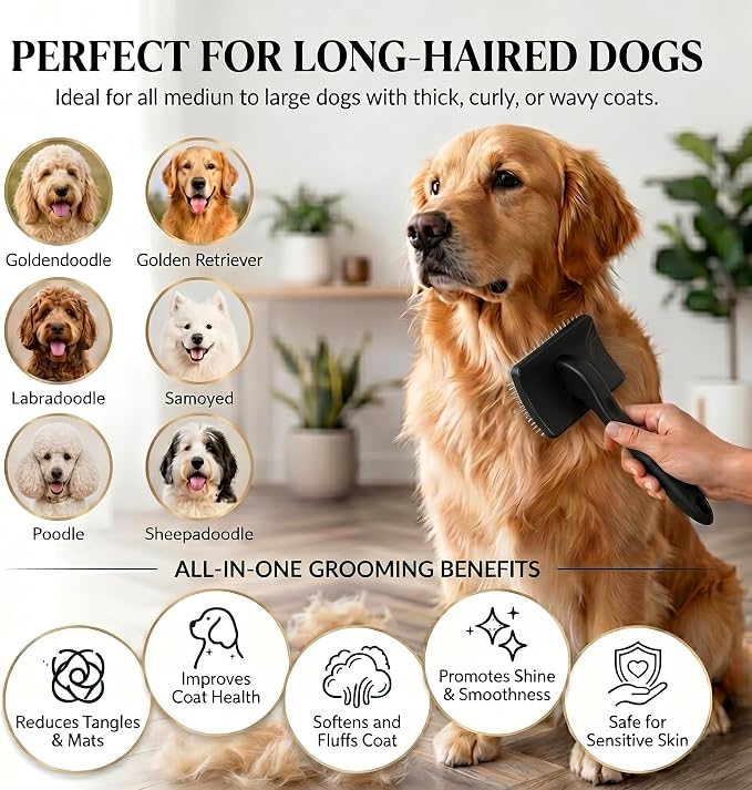 Large Slicker Brush for Dogs - 3-Piece Solid Wood Dog Grooming Kit for Doodles and Poodles - for Wavy, Curly & Matted Hair, Black