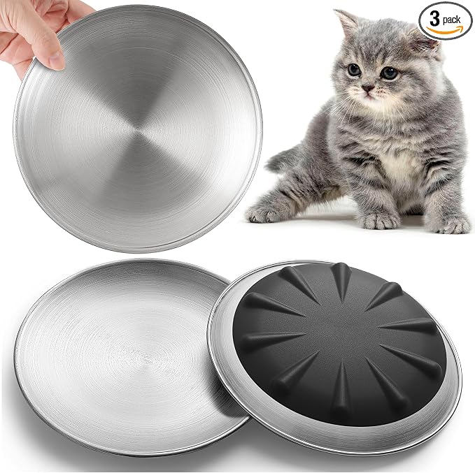 WROSWT 304 Stainless Steel Cat Plates for Wet Food, 6.7" Shallow/Wide Whisker Friendly Cats Food Bowls, Non-Slip Silicone Base,Easy to Clean Indoor Cat Feeding Dishes, 3 Pack