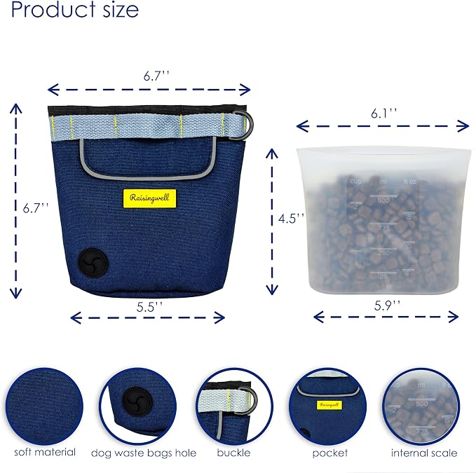 Raisingwell Dog Treat Pouch for Pet Walking and Training with Clicker 2 Cup Silicone Bag Small Fanny Pack Holder for Puppy Snack Dispenser Kit for Leash and Outdoor Use (Blue)