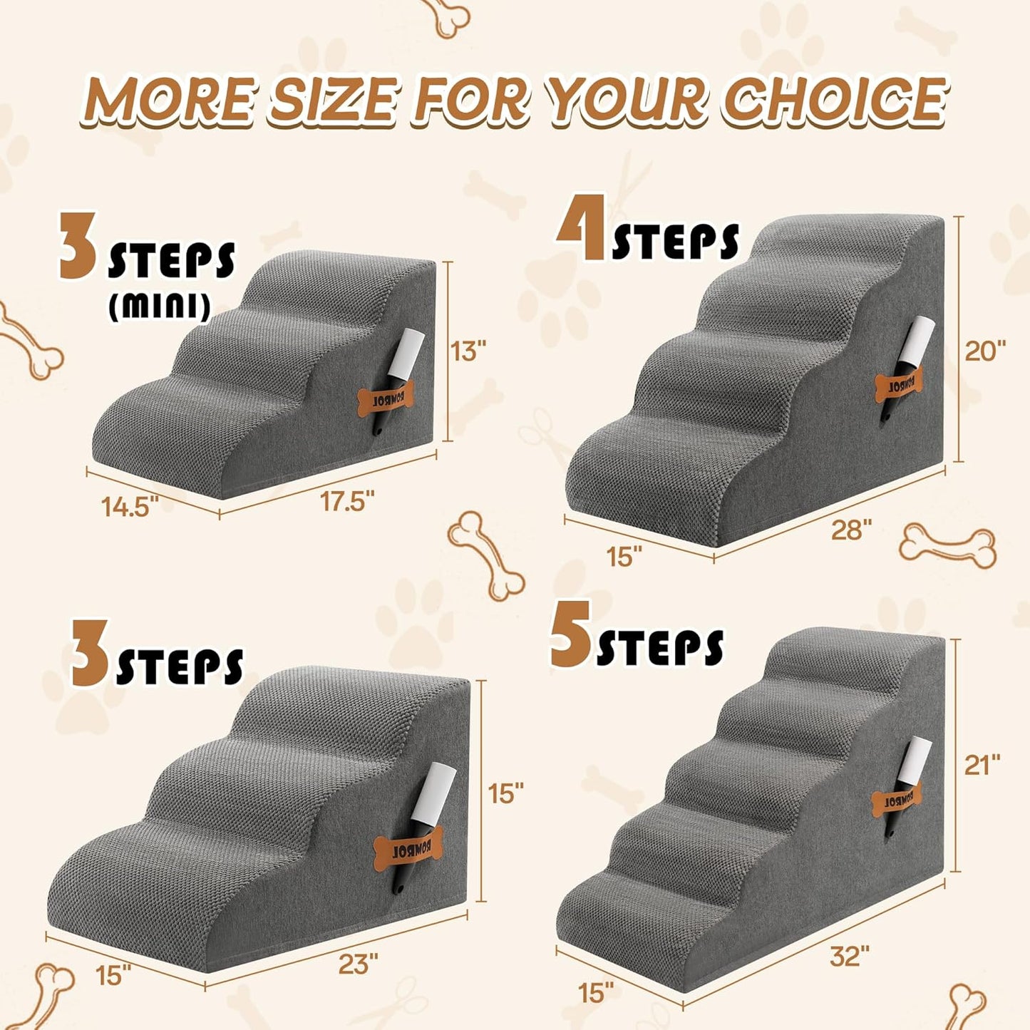 Romrol Dog Stairs Ramp for Small Dogs, Pet Stairs Steps with Durable Non-Slip Waterproof Fabric Cover, Dog Slope Stairs to Bed for Small Dogs and Cats or Pets Joints, 5-Steps, Grey