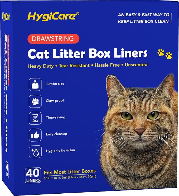 HygiCare Pre-separated Cat Litter Box Liners, Jumbo Size, Heavy Duty, Sturdy Drawstring, Tear Resistant, Claw-proof, Unscented, 36"x18", 40 Count