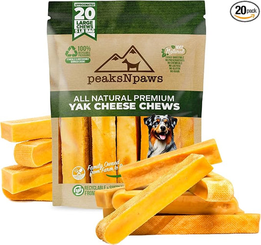 peaksNpaws Yak Cheese, High Protein, Himalayan Dogs Chews, Natural Dog Treats, Lactose Free, Long Lasting Dogs Treat for Aggressive Chewers Under 55 lbs 20 Large Chew Sticks, 5 lb Bag