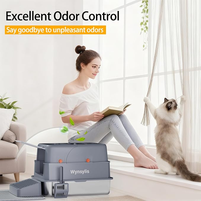 XL Stainless Steel Cat Litter Box with Lid for Large Cats | High sides, stainless pan, flip-top lid, step, mat, scoop, filter; for large cats, high-peeing cats, and multi-cat homes