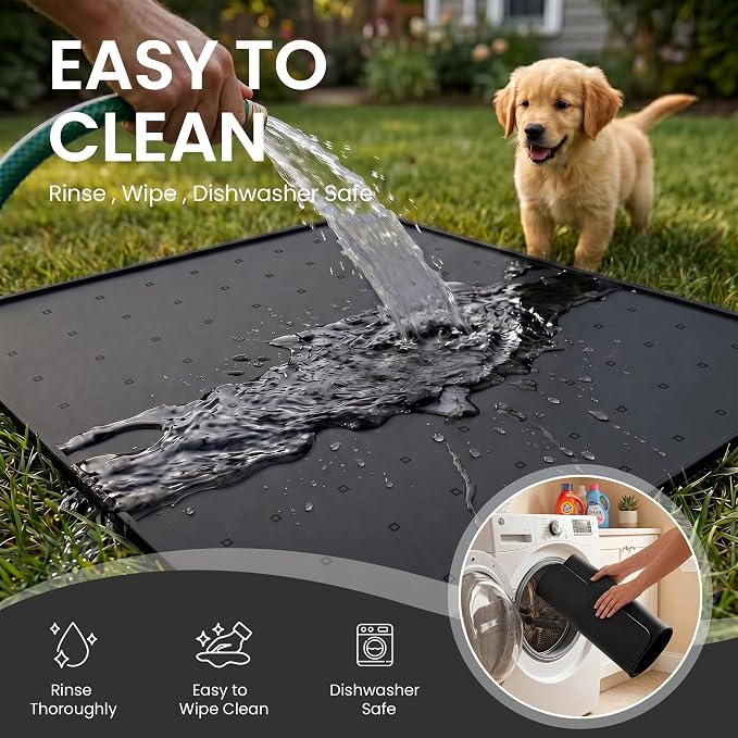 Silicone Pet Feeding Mat, 26x26 Inch Waterproof Dog Bowl Mat – Non-Slip, Machine Washable, Thin 0.28 Inch Edge for Messy Eaters, Protects Hardwood & Tile Floors, Black