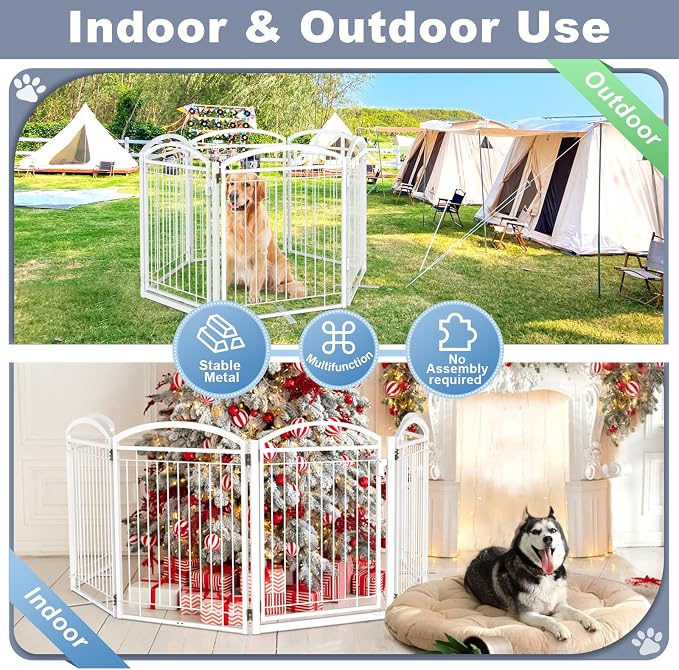 Full Metal Free Standing Dog Gate with Door for Indoor Outdoor, 144'' Extra Wide 36'' Tall Dog Gate for Doorways,Large Openings,Decks,Freestanding Portable Pet Fence(6 Panels,White)