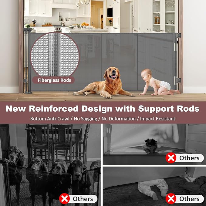 GRENFU Reinforced 41 Inch Extra Tall Pet Gate, 80 Inch Extra Wide, Retractable Baby Gate with Support Rods, Gray, Metal Frame with Mesh Fabric, Ideal for Dogs and Babies