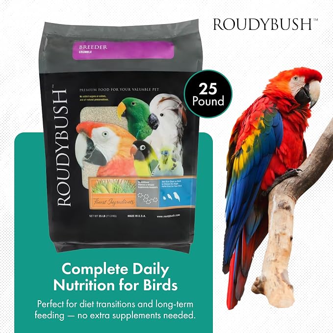 RoudyBush Breeder Food for Breeding & Weaning Birds, Pelleted Diet Made with Corn, Wheat & Soy, Daily Food for Small & Medium Parrots, Crumble Pellet, 25 LB