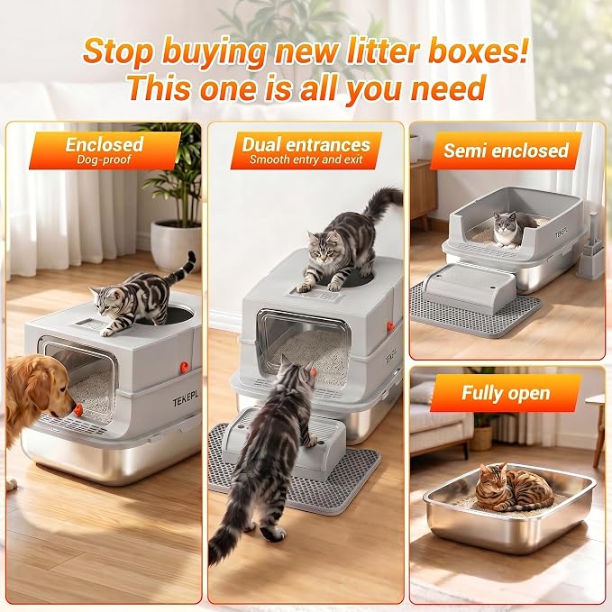 Stainless Steel Litter Box with Lid,Top Entry Litter Box, Extra Large Cat Litter Box,High Sided, Anti-Urine Leakage, Non-Stick Bottom Comes with Litter Mat & Metal Scoop,Grey