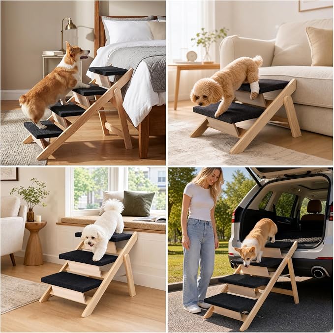 Dog Stairs/Ramp for Bed, Wooden 2-in-1 Foldable Pet Stairs & Ramp, Portable Dog Step Up to 180 Pound for Elderly/Short-Legged Dogs, 2 Steps for Beds, Couch