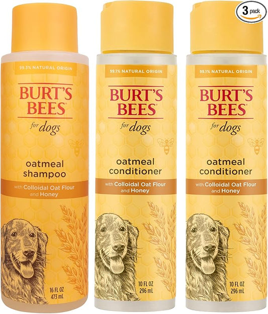 Burt's Bees for Pets Oatmeal Dog Shampoo & Conditioner with Colloidal Oat Flour & Honey | Gentle Dog Grooming Set for Itchy Skin & Moisturizing Care | 16 Fl Oz Shampoo & 2pk 10 Fl Oz Conditioner