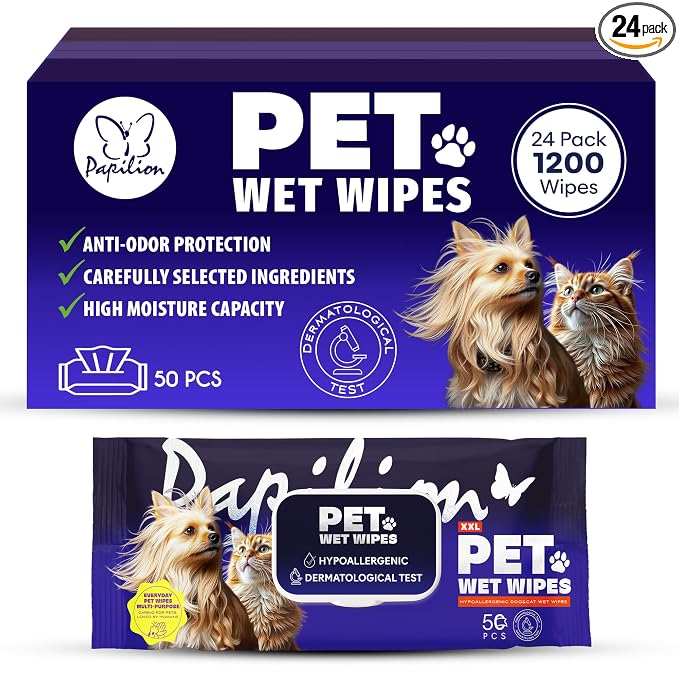 Papilion Pet Wipes for Dogs & Cats, Gentle Grooming & Cleaning Wipes, Safe for Paws, Coat & Face for Daily Use, Paraben-Free, Extra Large All-Purpose Wipes, Flip-Top Pack, 1200 Count