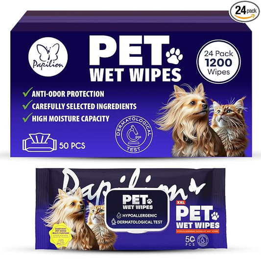 Papilion Pet Wipes for Dogs & Cats, Gentle Grooming & Cleaning Wipes, Safe for Paws, Coat & Face for Daily Use, Paraben-Free, Extra Large All-Purpose Wipes, Flip-Top Pack, 1200 Count
