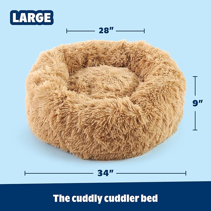 Barkbox Dog Bed Memory Foam Donut Cuddler - Calming Orthopedic Joint Relief Fur Crate Lounger for Pets, Machine Washable + Removable Cover, Waterproof Lining, Includes Toy - Larger Pets - 65lbs