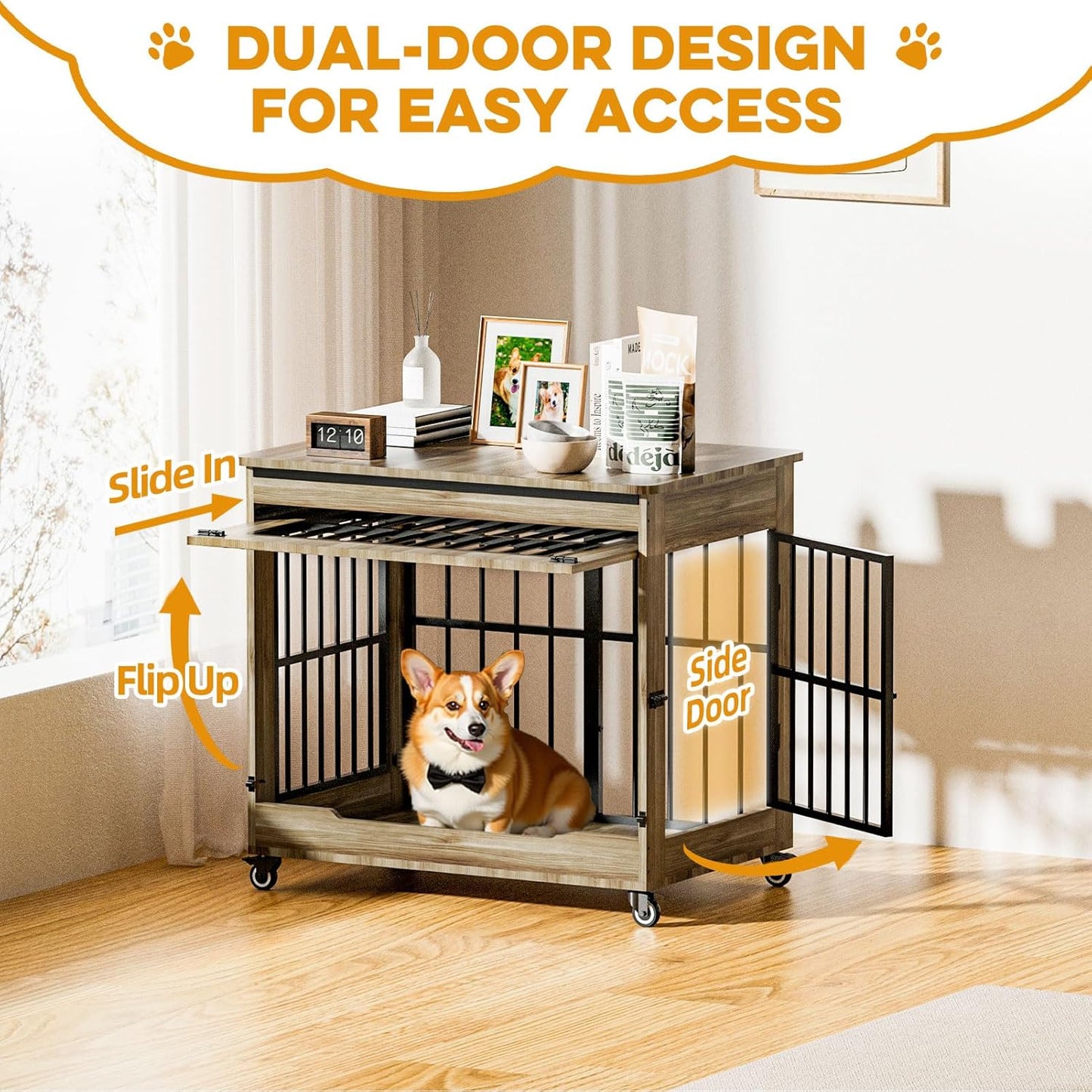 32" Dog Crate Furniture, Double Door Wooden Indoor Dog Kennel Furniture, Decorative Pet Cage End Table with Wheels for Medium and Small Breed Dogs, Size M, Rustic Brown