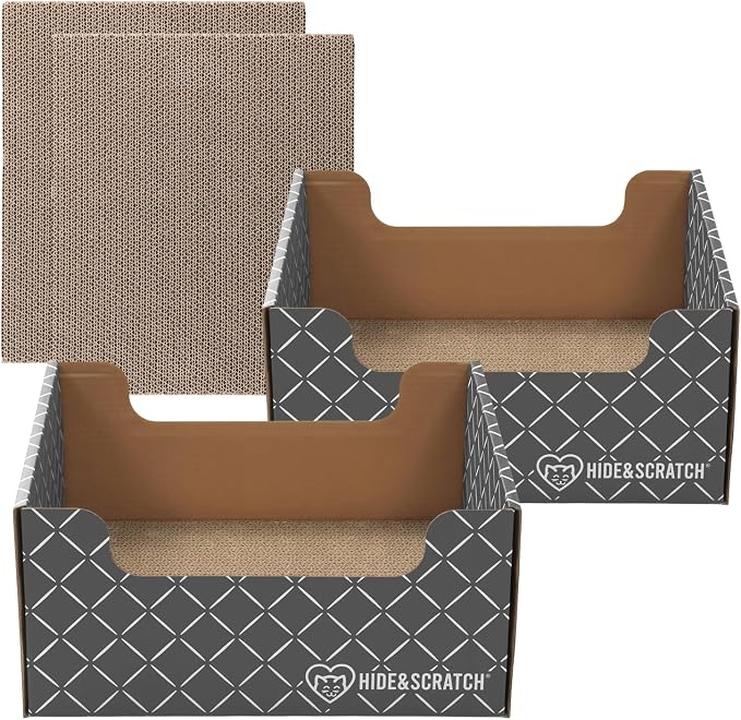 2X Hide & Scratch Cat Scratcher Boxes Plus 2 Scratch Pad Refills