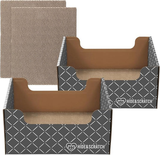 2X Hide & Scratch Cat Scratcher Boxes Plus 2 Scratch Pad Refills