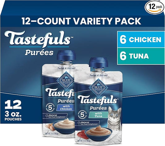 Blue Buffalo Tastefuls Purées Variety Pack Wet Cat Food Complement (Chicken & Tuna) Made with Natural Ingredients, for All Life Stages, 3-oz. Resealable Pouches (12 Count)