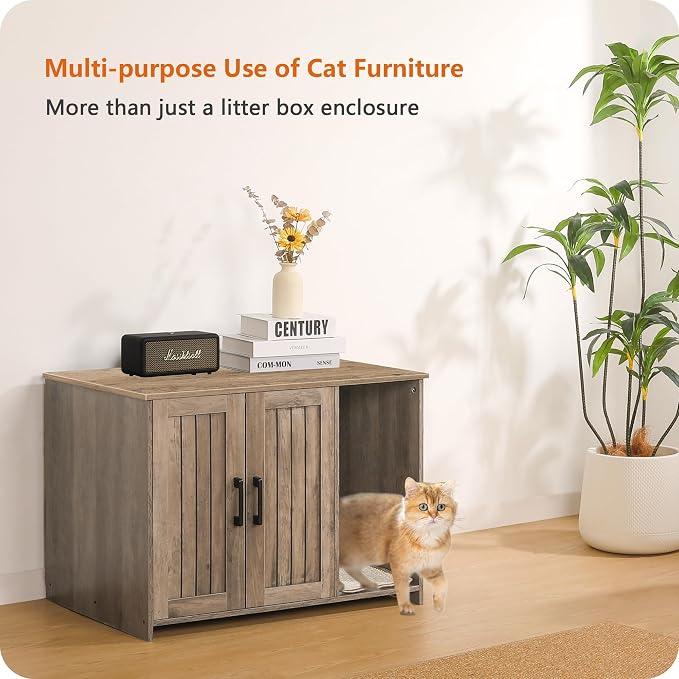 DWANTON Litter Box Enclosure, Cat Litter Box Furniture Hidden, with Scratching Mat, Wooden Cat Washroom Indoor, 31.5" L x 19.7" W x 21.7" H, Greige