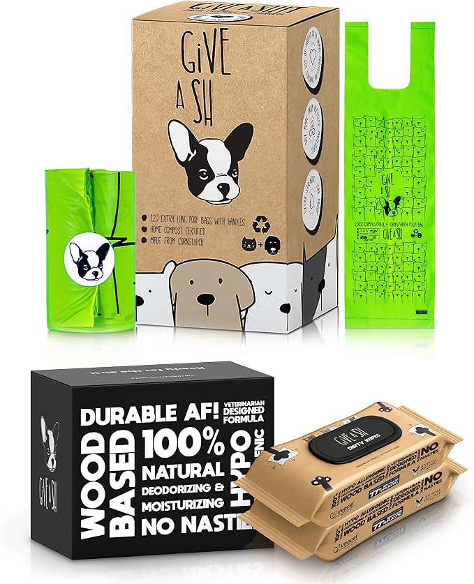 120 Handled Compostable Dog Poop Bags and 200 Plant-Based Pet Wipes