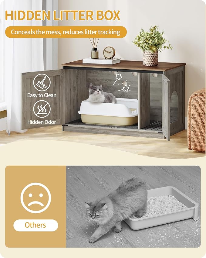 Hzuaneri Cat Litter Box Enclosure with Cushion, Hidden Litter Box Furniture with Removable Dividers, Reversible Entrance Left or Right Side, Cat House, Greige CB84705X