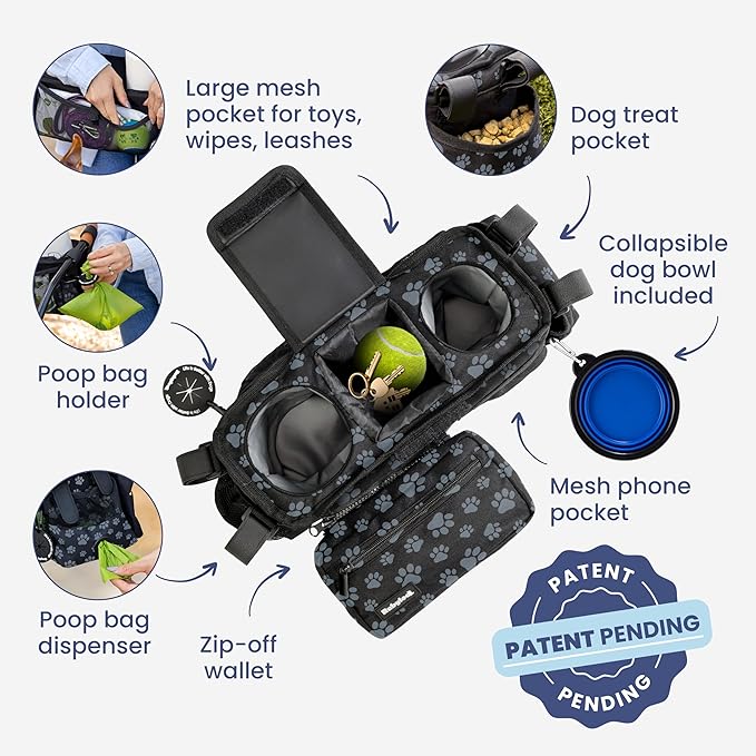 rubyloo Dog Stroller Caddy Organizer (Paw Print) & 32 oz Insulated Water Bottle with Attached 8 oz Bowl (Dog Mom) – Stroller Organizer & Hydration Set