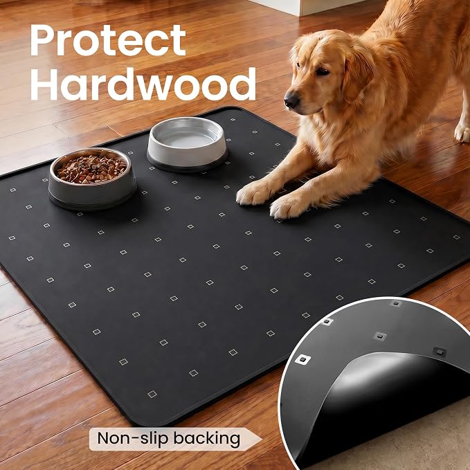 Silicone Pet Feeding Mat, 26x26 Inch Waterproof Dog Bowl Mat – Non-Slip, Machine Washable, Thin 0.28 Inch Edge for Messy Eaters, Protects Hardwood & Tile Floors, Black