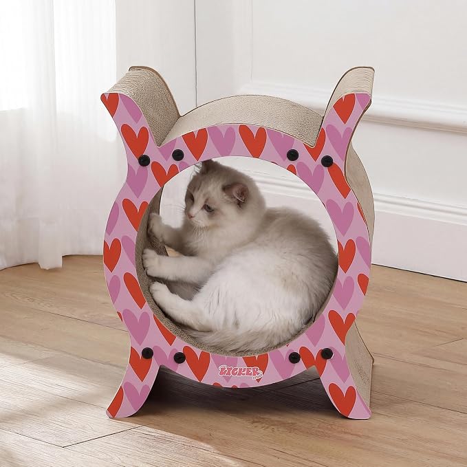Nyan 16.5" Modern Cardboard Tunnel Cat Scratcher House with Catnip, Corrugated Indoor Cat Hideaway Den, Heart Pattern Scratching Surface for All Cats CSR1007C