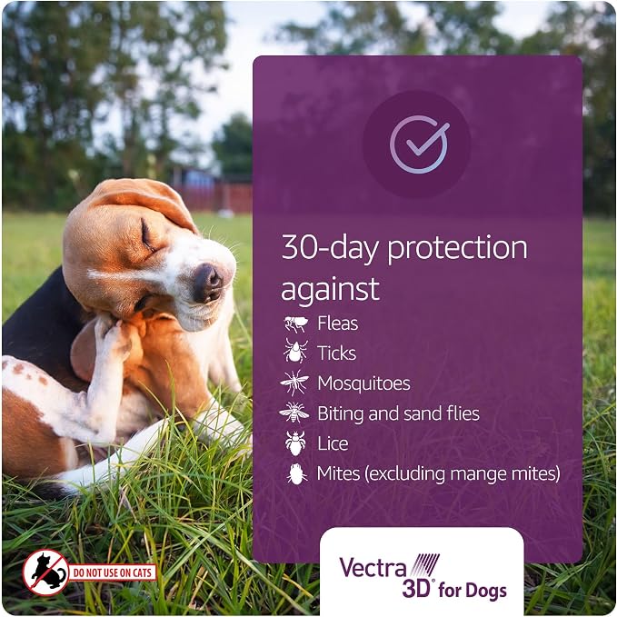 Vectra 3D Flea and Tick Prevention for Dogs, Kills and Repels Fleas, Ticks & Mosquitoes | Fast‑Acting, Waterproof, No Prescription Needed | Large Dogs 56–95 lbs, 6‑Month Supply