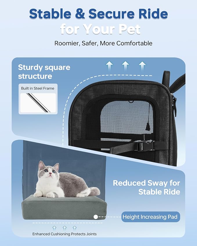 Hiking Dog Carrier Backpack, Padded Height-Enhancing Design, Adjustable Waist Cushioning Belt with Breathable Padded Back Support, Dog Carrier Backpack for Small Dogs Max 13LB Black with Pad