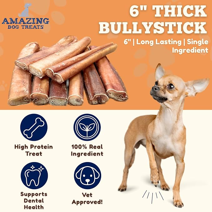Amazing Dog Treats Bully Sticks 6 Inch [Extra Thick - 25 Pcs/Pck] -NO Hide Bones for Dogs - Safe Chews for Dogs - Long Lasting Bully Sticks