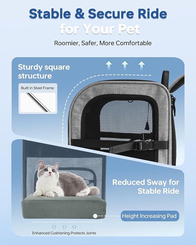 Hiking Dog Carrier Backpack, Padded Height-Enhancing Design, Adjustable Waist Cushioning Belt with Breathable Padded Back Support, Dog Carrier Backpack for Small Dogs Max 13LB Grey with Pad