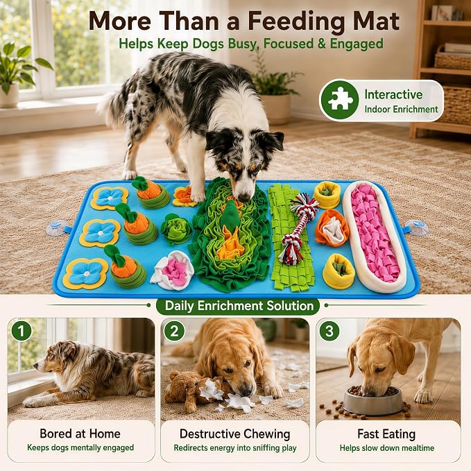 Snuffle Mat for Dogs – Extra Large 32'' x 20'', Washable Slow Feeder Dog Toy, Durable Interactive Dog Puzzle for Mental Stimulation & Nosework Training, with Anti-Slip Suction Cups