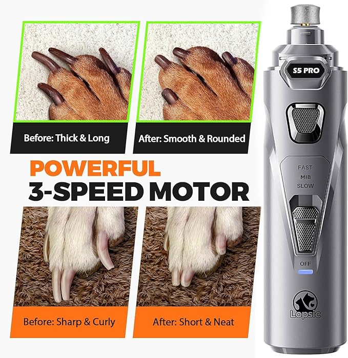 Whisper Quiet Dog Nail Grinder with 4 LED Lights, Safe & Stress-Free for Sensitive Dogs Cats of All Breeds & Sizes, 3 Grinding Bits, 3-Speed, Pet Nail Trimmers, Rechargeable Painless Grooming Kit Grey