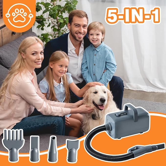 FansaFurn Professional 1550W High-Velocity Pet/Dog Grooming Dryer Blower - Adjustable Speed & Temperature with Heater & 4 Nozzle Attachments (Grey)