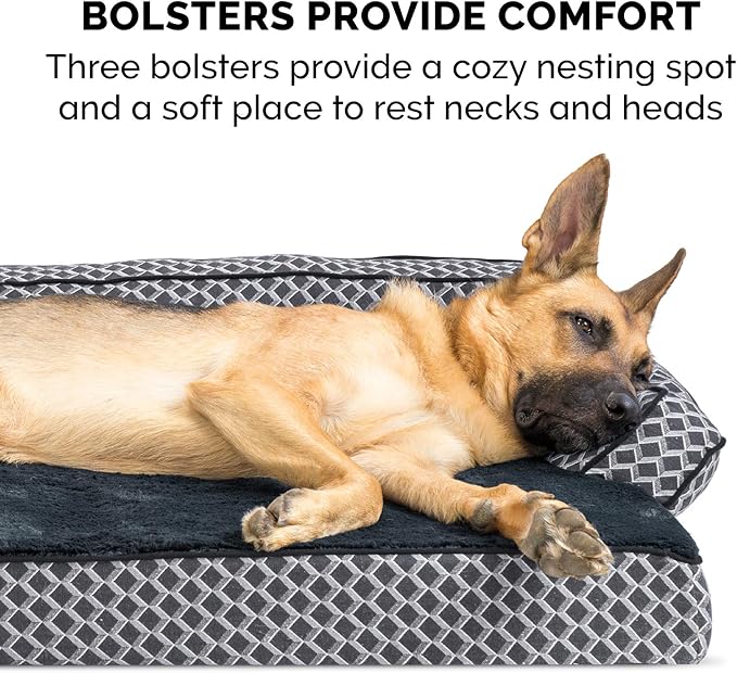 Furhaven Orthopedic Dog Bed for Large Dogs w/ Removable Bolsters & Washable Cover, For Dogs Up to 125 lbs - Plush & Woven Decor Comfy Couch Sofa - Diamond Gray, Jumbo Plus/XXL