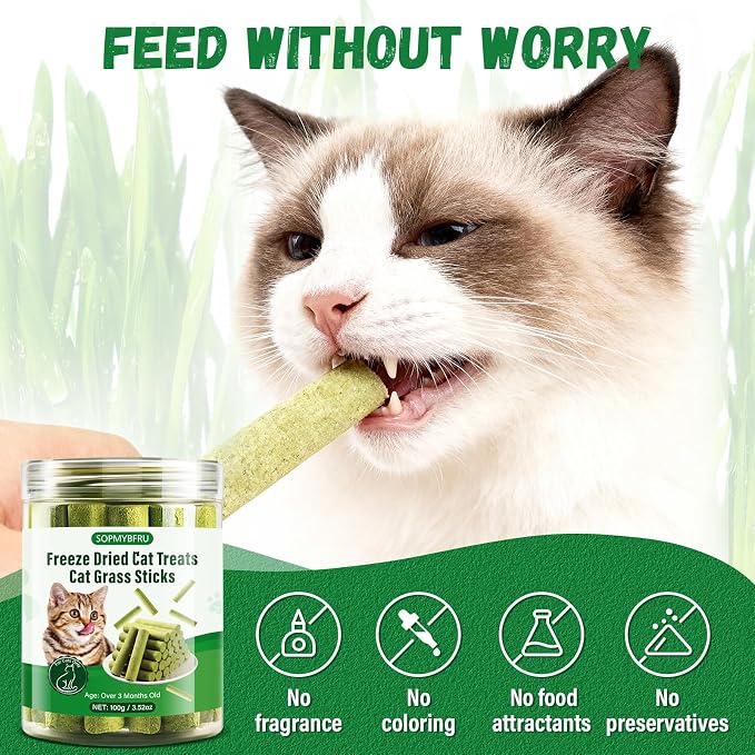 Cat Grass Teething Stick, 100g / 3.52oz Natural Cat Grass Treats for Indoor Cats, Cat Chew Stick for Hairball Cleaning, Appetite Boosting & Dental Health, Edible Cat Toys