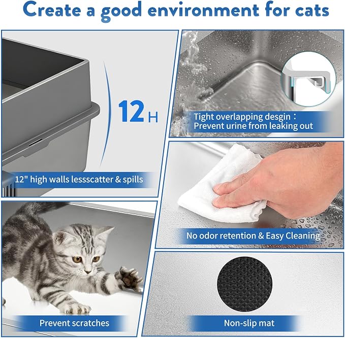 2PACK Stainless Steel Litter Box with Lid, XXXL Metal Litter Boxes for Big Cats and Kitten, Three Extra Large High Sided Littter Box,Odorless,Non-Stick,Easy Cleaning,Scoops Included (2, XXX-L)