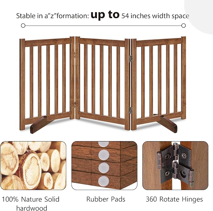LZRS Freestanding Dog Gate 30 inch Tall - 3 Panels Solid Wooden Pet Gate for Doorways, Stairs & Hallways, Expandable & Foldable with Support Feet，Indoor Use,Oak